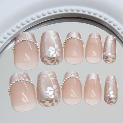 Hkanlre Flower Fake Nails Tips Pearl French Press on Nails Full Cover Square False Medium Nails for Women 24PCS Avelisse