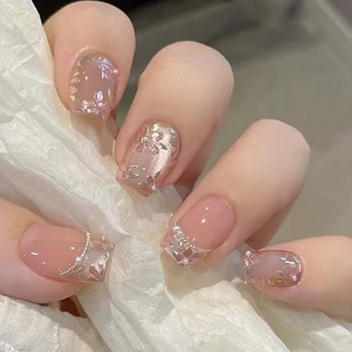 Hkanlre Flower Fake Nails Tips Pearl French Press on Nails Full Cover Square False Medium Nails for Women 24PCS Avelisse