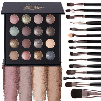 UCANBE Baked Eyeshadow Palette with 15 Brushes Makeup Set - 16 Color Natural Nude Matte Shimmer Metallic Eye Shadow, High Pigmented Long Lasting Waterproof Avelisse