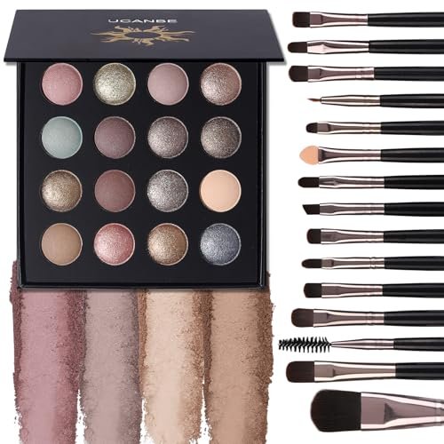 UCANBE Baked Eyeshadow Palette with 15 Brushes Makeup Set - 16 Color Natural Nude Matte Shimmer Metallic Eye Shadow, High Pigmented Long Lasting Waterproof Avelisse