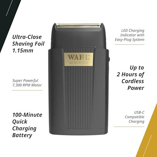 Wahl Professional Micro Power Shaver – Cordless Ultra-Close Finishing Foil Shaver, 2-Hour Runtime, Black Avelisse
