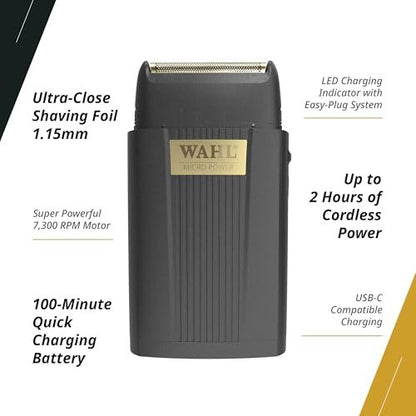 Wahl Professional Micro Power Shaver – Cordless Ultra-Close Finishing Foil Shaver, 2-Hour Runtime, Black Avelisse