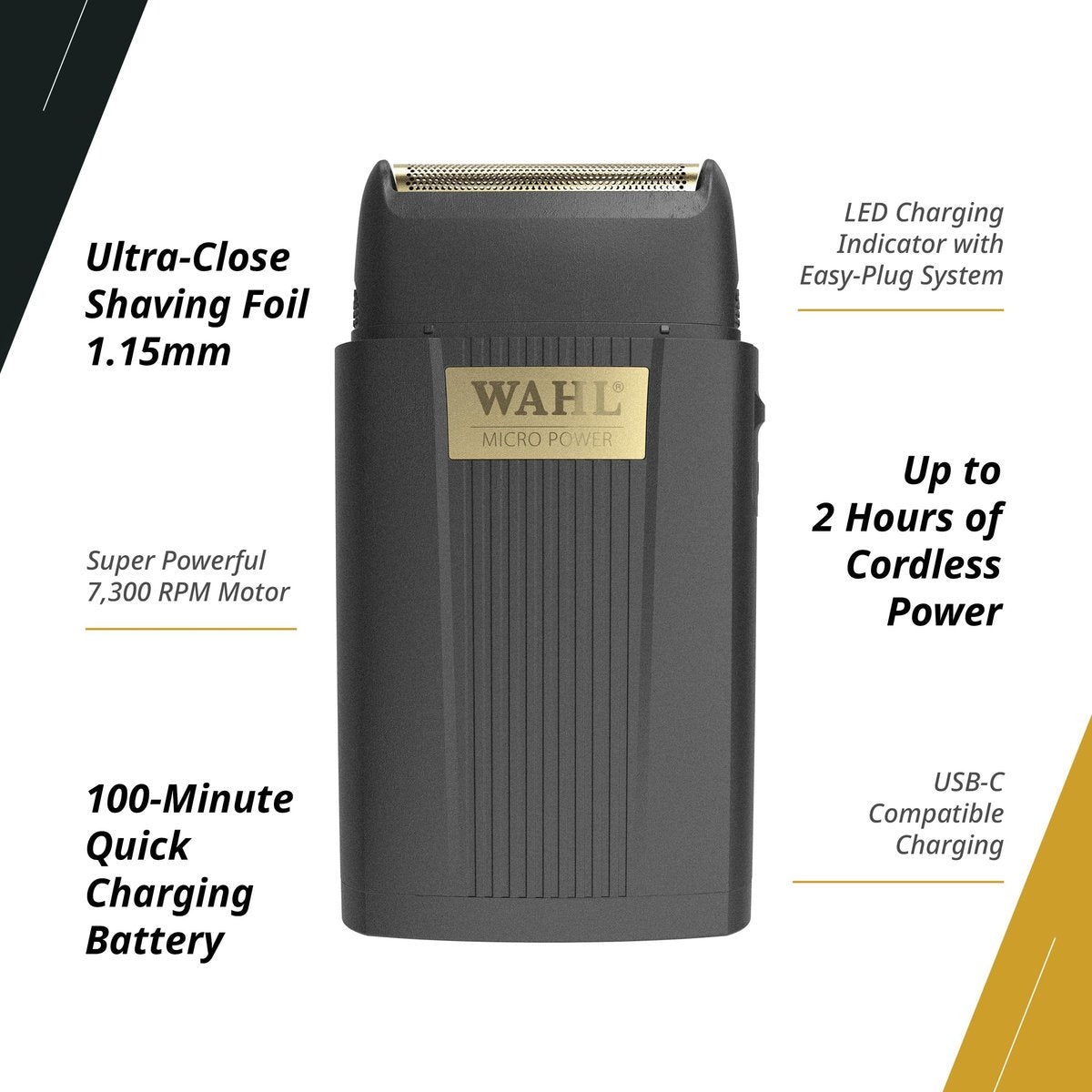 Wahl Professional Micro Power Shaver – Cordless Ultra-Close Finishing Foil Shaver, 2-Hour Runtime, Black Avelisse
