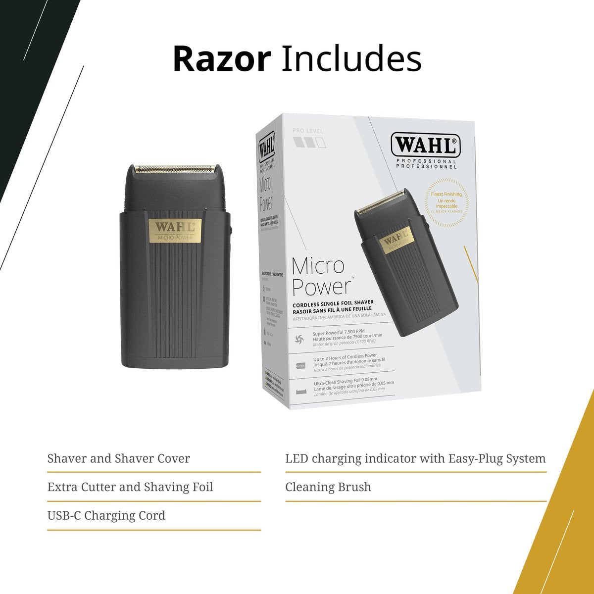 Wahl Professional Micro Power Shaver – Cordless Ultra-Close Finishing Foil Shaver, 2-Hour Runtime, Black Avelisse