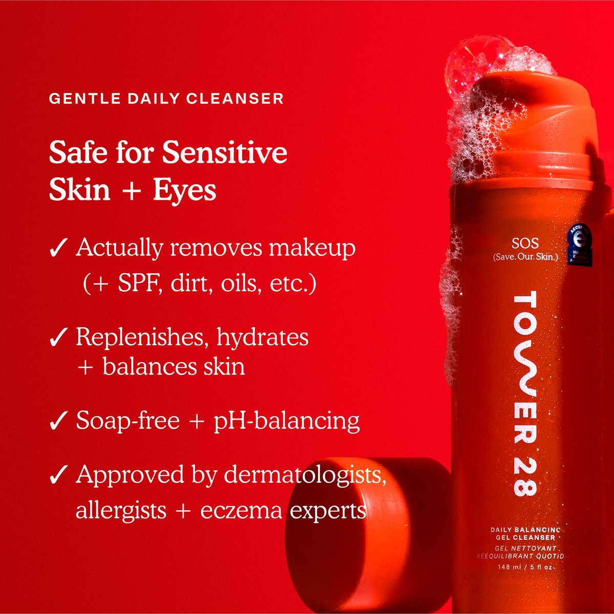 Tower 28 SOS Gel Facial Cleanser – Hydrating Face Wash & Makeup Remover for Sensitive Skin, Fragrance-Free, 5 oz - görsel 3