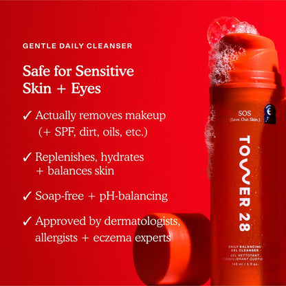 Tower 28 SOS Gel Facial Cleanser – Hydrating Face Wash & Makeup Remover for Sensitive Skin, Fragrance-Free, 5 oz