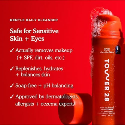 Tower 28 SOS Gel Facial Cleanser – Hydrating Face Wash & Makeup Remover for Sensitive Skin, Fragrance-Free, 5 oz