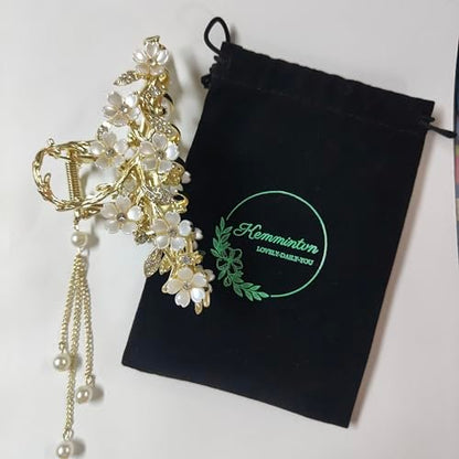 Elegant Floral Hair Clip with Pearl Tassel - Gold Lily of The Valley Design | KEMMINTVN