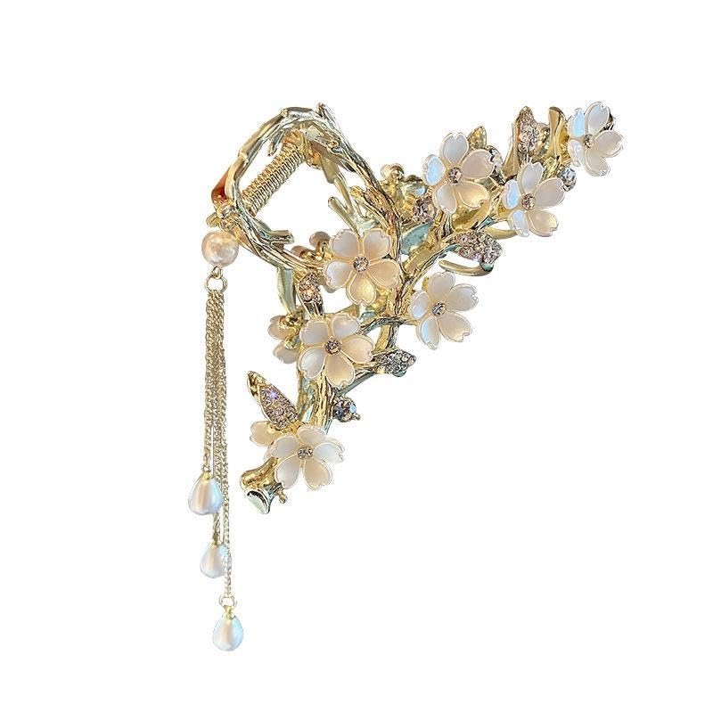Elegant Floral Hair Clip with Pearl Tassel - Gold Lily of The Valley Design | KEMMINTVN - görsel 1