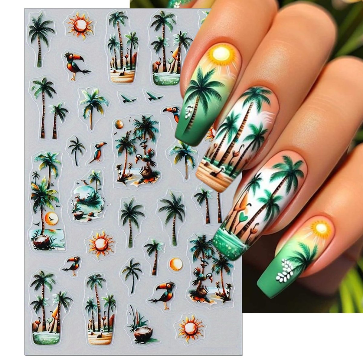 IDDFEVE Summer Palm Tree Nail Art Stickers - Tropical Beach Flamingo Self-Adhesive Nail Decals for DIY Manicure (3 Sheets) Avelisse