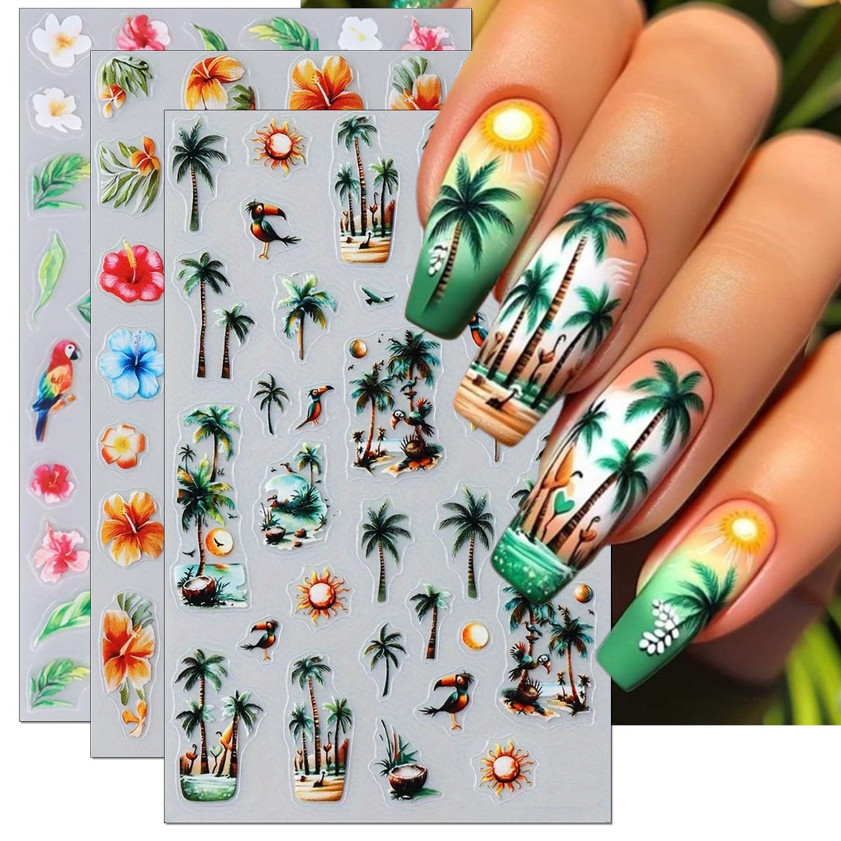 IDDFEVE Summer Palm Tree Nail Art Stickers - Tropical Beach Flamingo Self-Adhesive Nail Decals for DIY Manicure (3 Sheets) Avelisse
