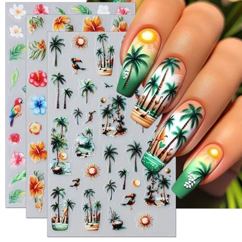 IDDFEVE Summer Palm Tree Nail Art Stickers - Tropical Beach Flamingo Self-Adhesive Nail Decals for DIY Manicure (3 Sheets) Avelisse