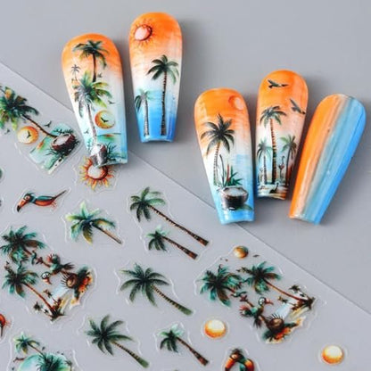 IDDFEVE Summer Palm Tree Nail Art Stickers - Tropical Beach Flamingo Self-Adhesive Nail Decals for DIY Manicure (3 Sheets) Avelisse