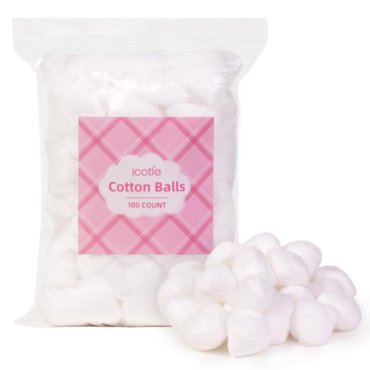 Icotle 100% Pure Cotton Balls, Large Size, Soft and Absorbent for Make-Up, Nail Polish Removal, Pet Care, Applying Lotion or Powder and First-Aid for Everyday Household Use, 100 Count