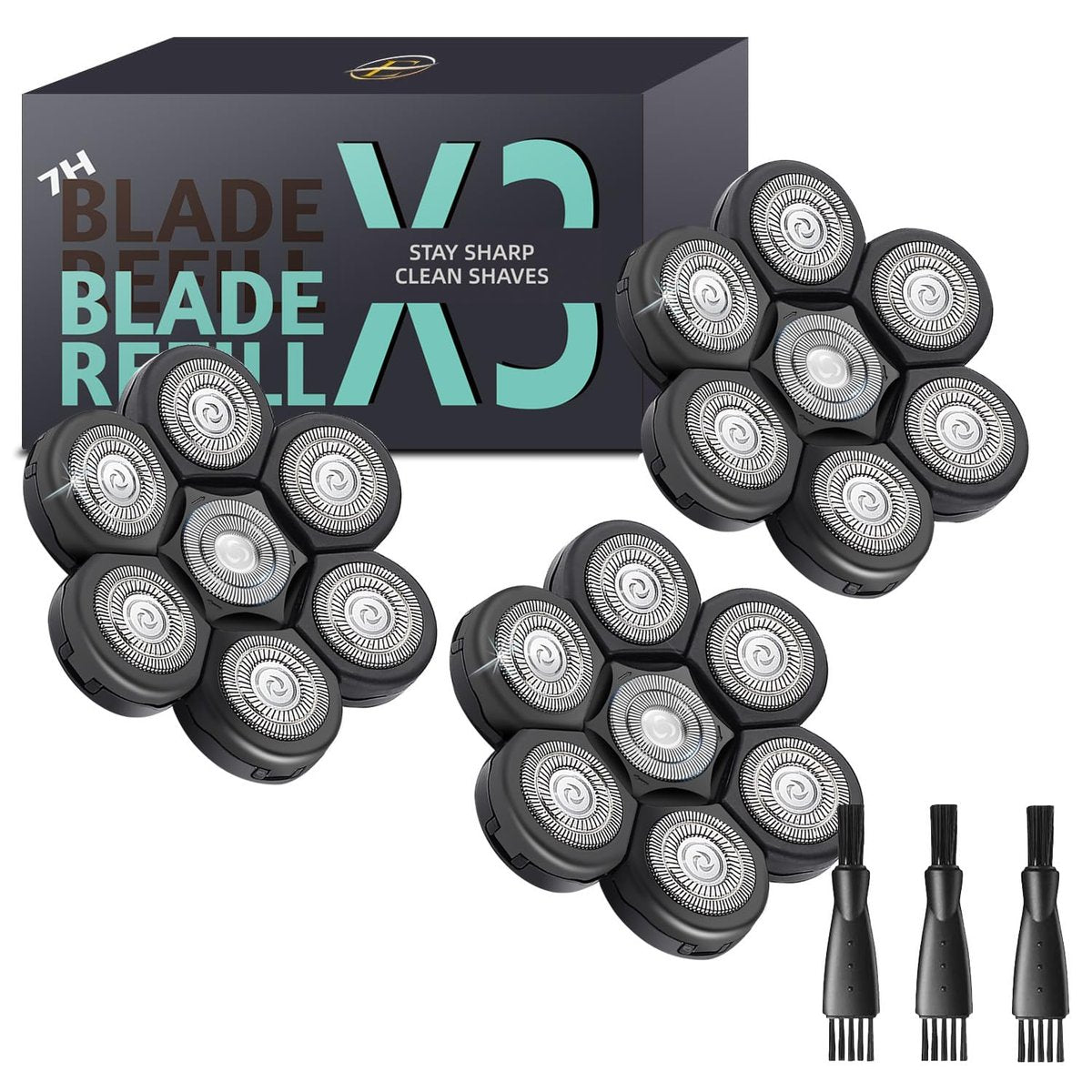 E-Hunter Bald Head Shaver Replacement Blades - Premium 7-Blade Heads for Universal Head Shavers & Freedom Bald Men Grooming, 3 Pack with Cleaning Brush Avelisse