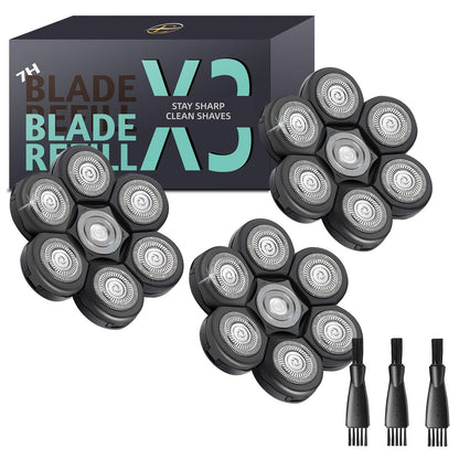 E-Hunter Bald Head Shaver Replacement Blades - Premium 7-Blade Heads for Universal Head Shavers & Freedom Bald Men Grooming, 3 Pack with Cleaning Brush Avelisse
