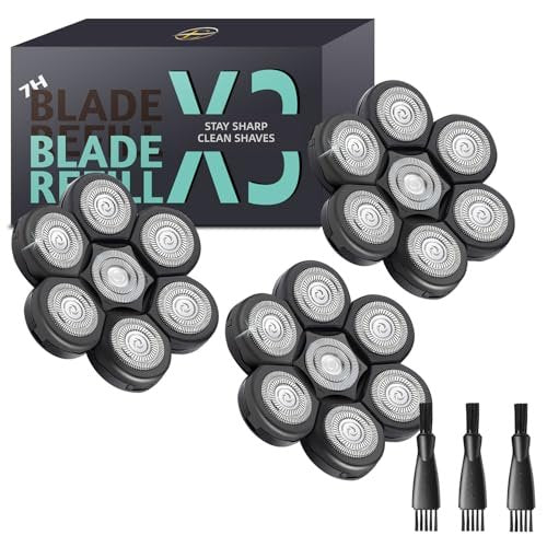 E-Hunter Bald Head Shaver Replacement Blades - Premium 7-Blade Heads for Universal Head Shavers & Freedom Bald Men Grooming, 3 Pack with Cleaning Brush Avelisse