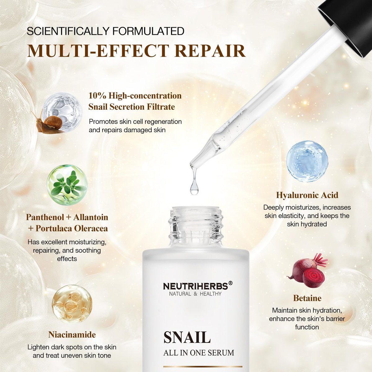 NeutriHerbs Pro 10% Snail Mucin Serum – 20X Concentrated Anti-Aging, Ultra-Hydrating & Non-Sticky Formula for Sensitive Skin, USA-Sourced Snail Secretion Filtrate, 1.69 fl oz - görsel 7
