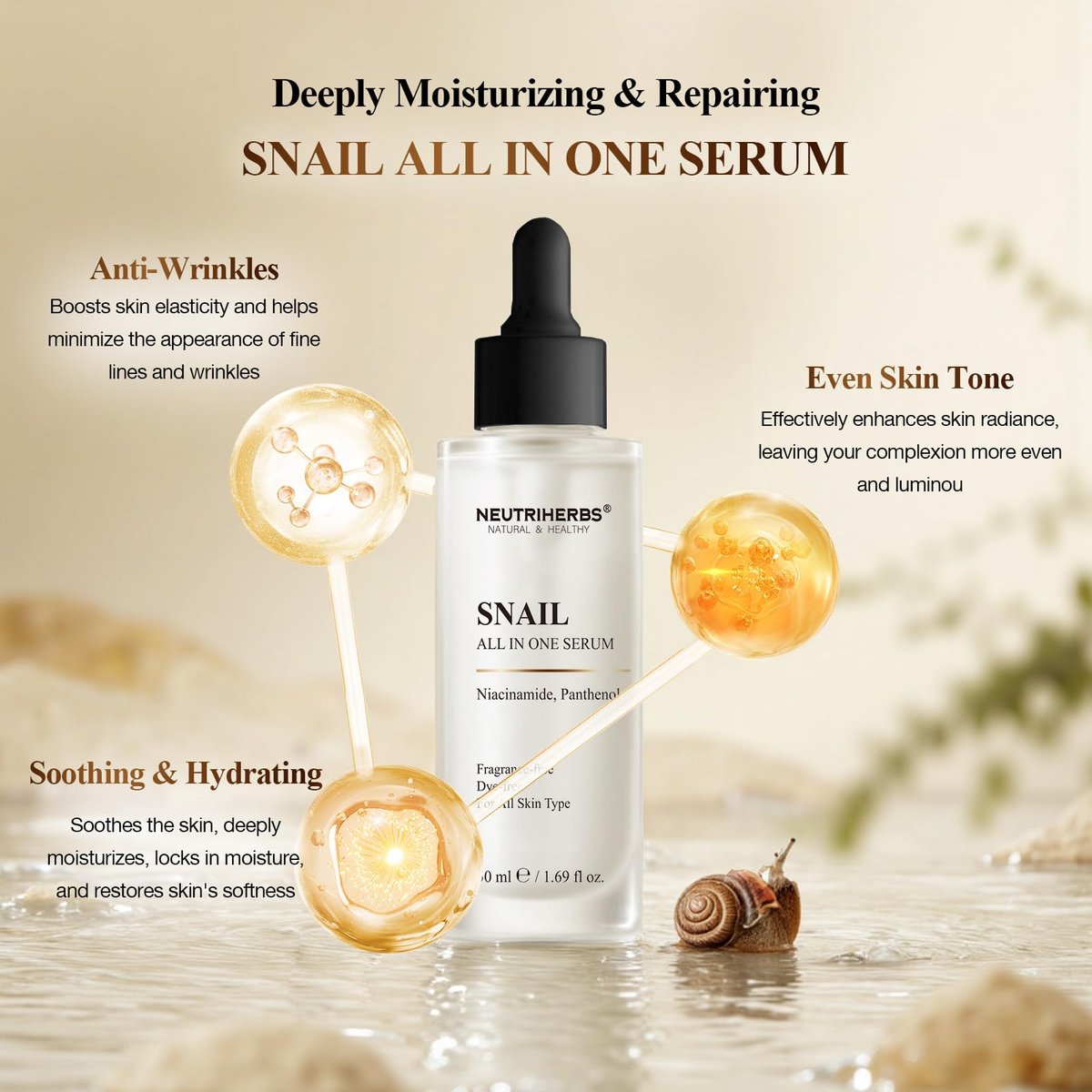 NeutriHerbs Pro 10% Snail Mucin Serum – 20X Concentrated Anti-Aging, Ultra-Hydrating & Non-Sticky Formula for Sensitive Skin, USA-Sourced Snail Secretion Filtrate, 1.69 fl oz - görsel 3