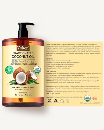 Yoken USDA Certified Fractionated Coconut Oil for Skin 16 Oz - Organic Liquid Coconut Oil, Unscented Moisturizer for Hair, Face, Body, Carrier Oil for Essential Oils, Hexane Free - görsel 16