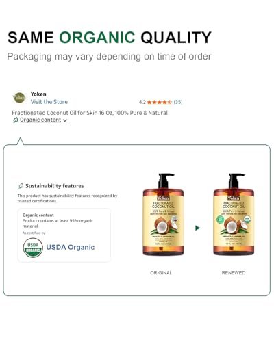 Yoken USDA Certified Fractionated Coconut Oil for Skin 16 Oz - Organic Liquid Coconut Oil, Unscented Moisturizer for Hair, Face, Body, Carrier Oil for Essential Oils, Hexane Free