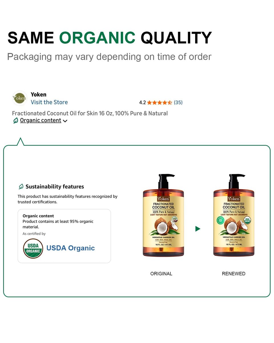 Yoken USDA Certified Fractionated Coconut Oil for Skin 16 Oz - Organic Liquid Coconut Oil, Unscented Moisturizer for Hair, Face, Body, Carrier Oil for Essential Oils, Hexane Free - görsel 3