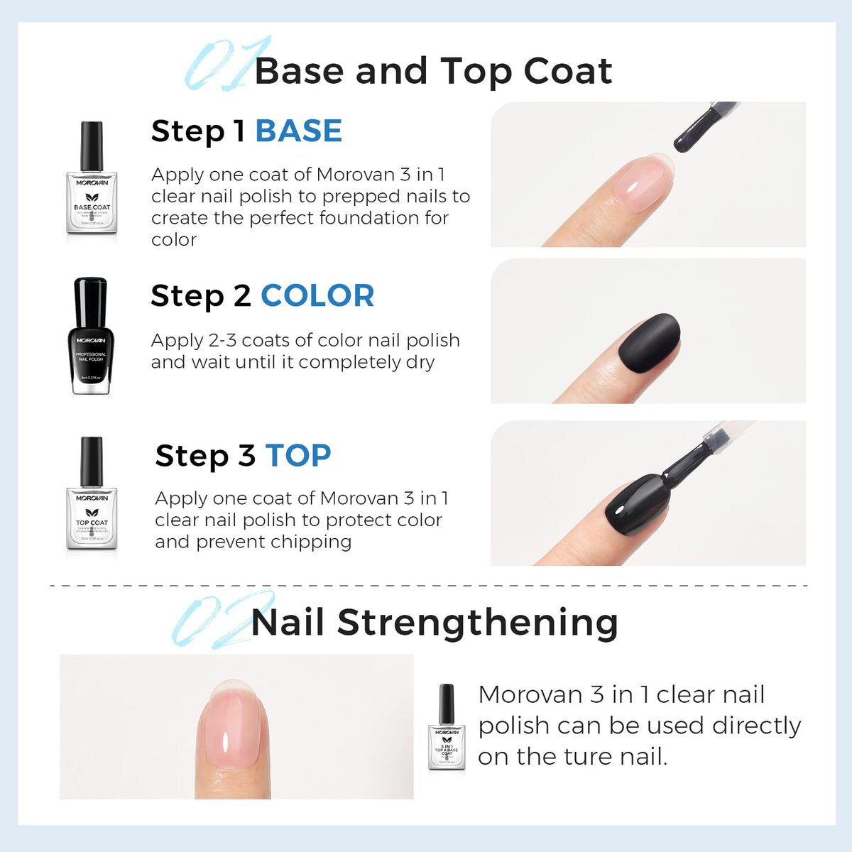 Morovan 3-in-1 Base Coat Nail Strengthener – Clear Quick Dry Nail Hardener & Growth Top Coat for Damaged Nails, Long Lasting Shine, No Chip, 0.5 Fl Oz - görsel 15