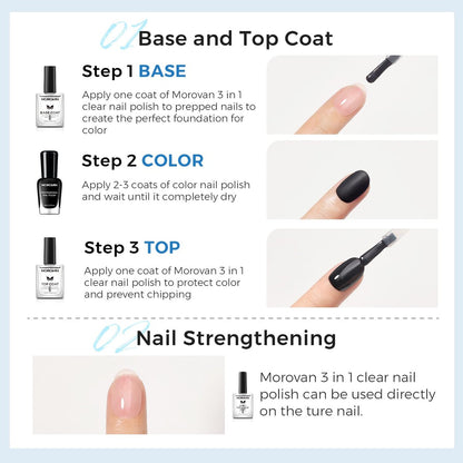 Morovan 3-in-1 Base Coat Nail Strengthener – Clear Quick Dry Nail Hardener & Growth Top Coat for Damaged Nails, Long Lasting Shine, No Chip, 0.5 Fl Oz