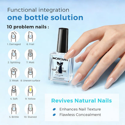 Morovan 3-in-1 Base Coat Nail Strengthener – Clear Quick Dry Nail Hardener & Growth Top Coat for Damaged Nails, Long Lasting Shine, No Chip, 0.5 Fl Oz