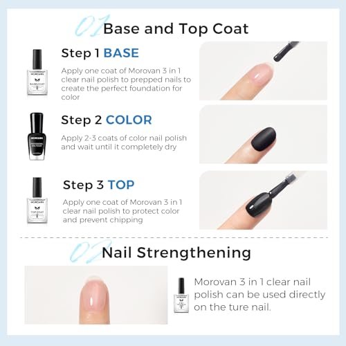 Morovan 3-in-1 Base Coat Nail Strengthener – Clear Quick Dry Nail Hardener & Growth Top Coat for Damaged Nails, Long Lasting Shine, No Chip, 0.5 Fl Oz - görsel 16