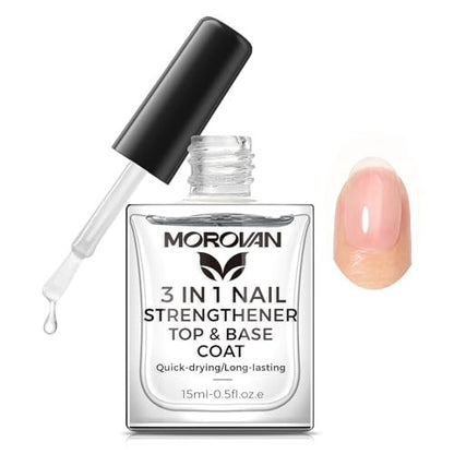 Morovan 3-in-1 Base Coat Nail Strengthener – Clear Quick Dry Nail Hardener & Growth Top Coat for Damaged Nails, Long Lasting Shine, No Chip, 0.5 Fl Oz