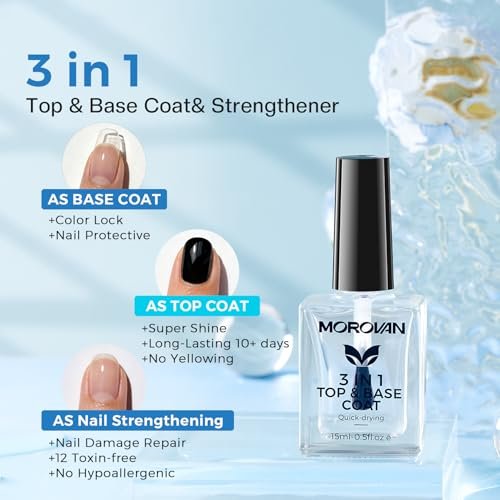 Morovan 3-in-1 Base Coat Nail Strengthener – Clear Quick Dry Nail Hardener & Growth Top Coat for Damaged Nails, Long Lasting Shine, No Chip, 0.5 Fl Oz - görsel 4