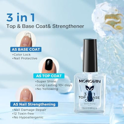 Morovan 3-in-1 Base Coat Nail Strengthener – Clear Quick Dry Nail Hardener & Growth Top Coat for Damaged Nails, Long Lasting Shine, No Chip, 0.5 Fl Oz