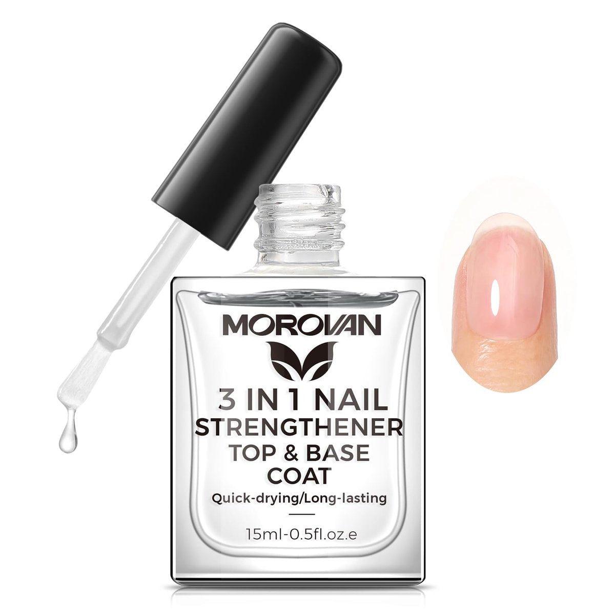 Morovan 3-in-1 Base Coat Nail Strengthener – Clear Quick Dry Nail Hardener & Growth Top Coat for Damaged Nails, Long Lasting Shine, No Chip, 0.5 Fl Oz - görsel 1