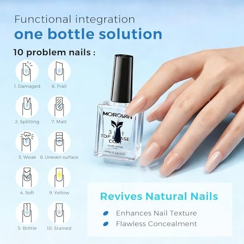 Morovan 3-in-1 Base Coat Nail Strengthener – Clear Quick Dry Nail Hardener & Growth Top Coat for Damaged Nails, Long Lasting Shine, No Chip, 0.5 Fl Oz - görsel 6