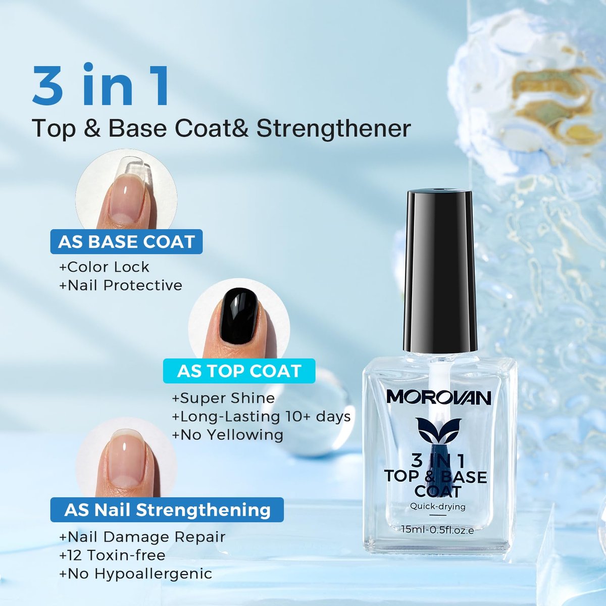 Morovan 3-in-1 Base Coat Nail Strengthener – Clear Quick Dry Nail Hardener & Growth Top Coat for Damaged Nails, Long Lasting Shine, No Chip, 0.5 Fl Oz - görsel 3