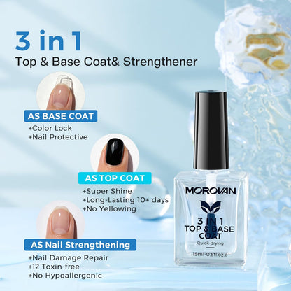Morovan 3-in-1 Base Coat Nail Strengthener – Clear Quick Dry Nail Hardener & Growth Top Coat for Damaged Nails, Long Lasting Shine, No Chip, 0.5 Fl Oz