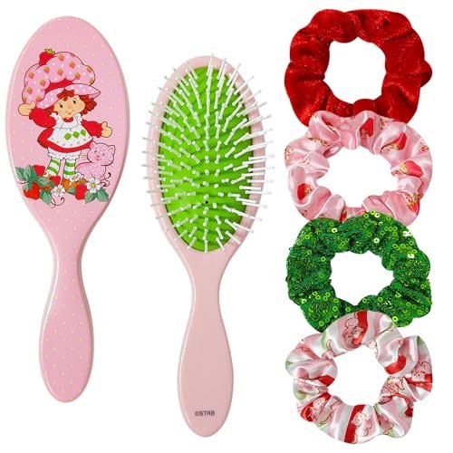 LUV HER Strawberry Shortcake Hair Accessory Set – 5-Piece Detangling Hairbrush & Scrunchies for Kids Ages 3+ Avelisse