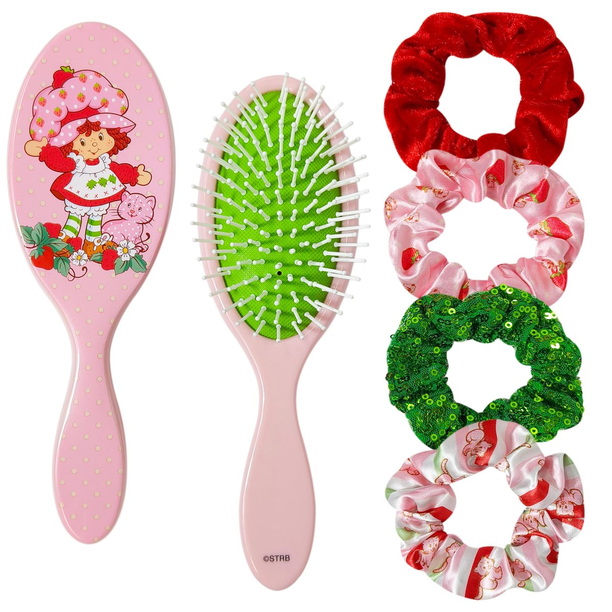 LUV HER Strawberry Shortcake Hair Accessory Set – 5-Piece Detangling Hairbrush & Scrunchies for Kids Ages 3+ Avelisse