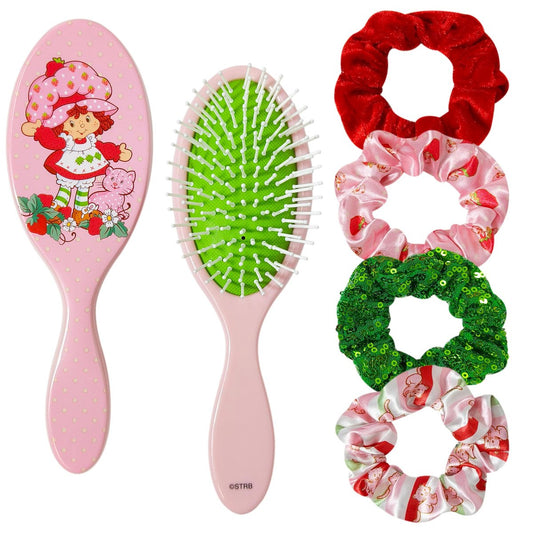 LUV HER Strawberry Shortcake Hair Accessory Set – 5-Piece Detangling Hairbrush & Scrunchies for Kids Ages 3+ Avelisse