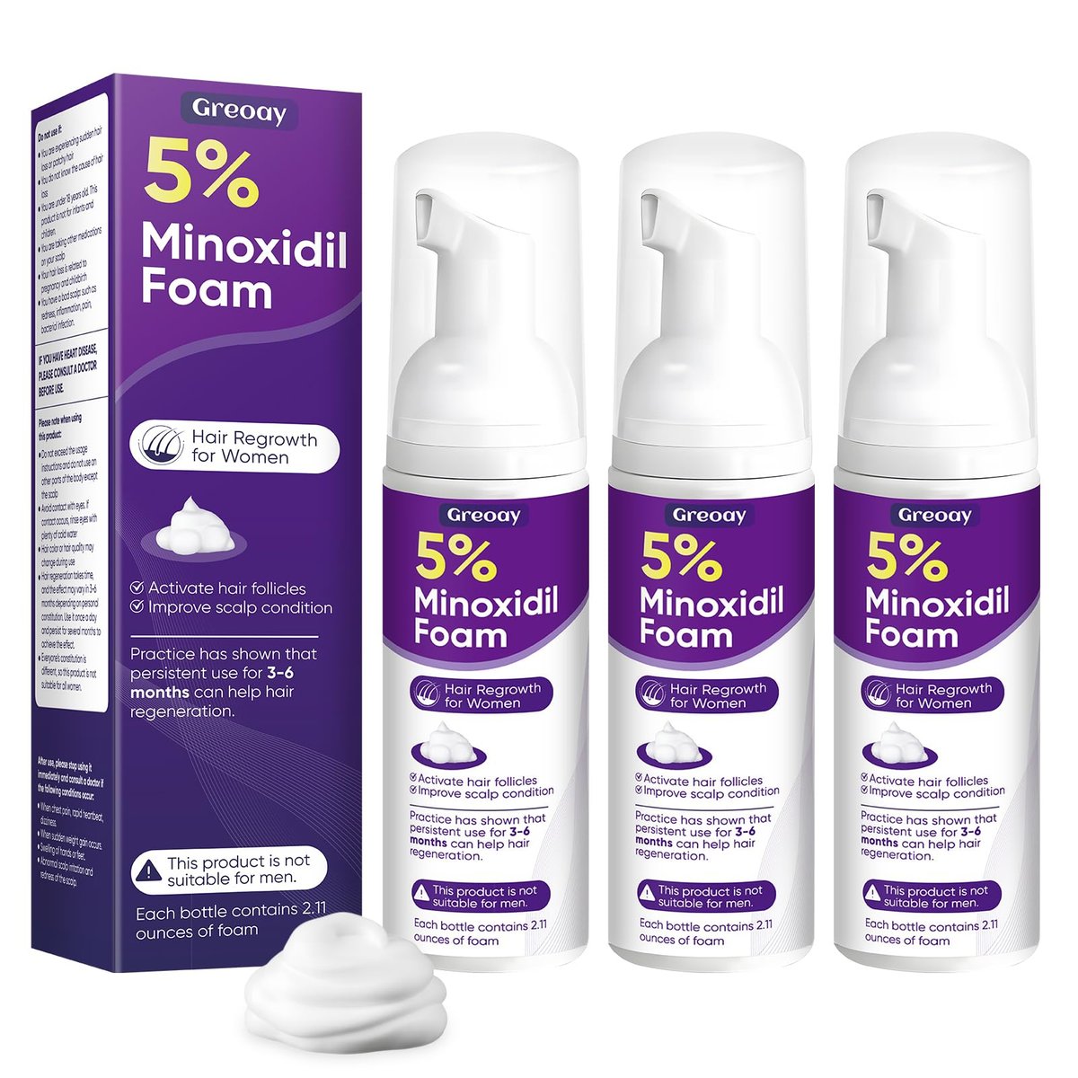 Greoay 5% Minoxidil Foam for Women - Hair Regrowth Treatment, 6.35 oz Avelisse