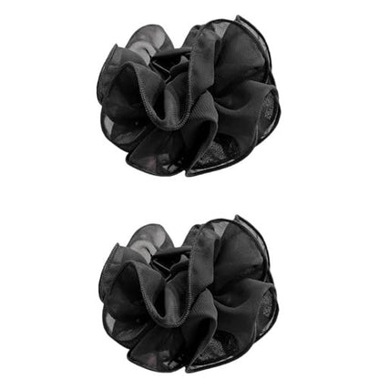 2-Pack Black Chiffon Large Hair Claw Clips with Bow & Rose Design for Women