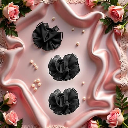 2-Pack Black Chiffon Large Hair Claw Clips with Bow & Rose Design for Women