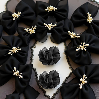 2-Pack Black Chiffon Large Hair Claw Clips with Bow & Rose Design for Women