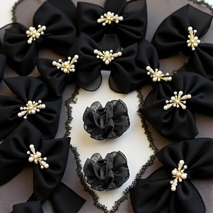 2-Pack Black Chiffon Large Hair Claw Clips with Bow & Rose Design for Women