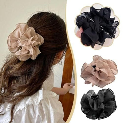 2-Pack Black Chiffon Large Hair Claw Clips with Bow & Rose Design for Women