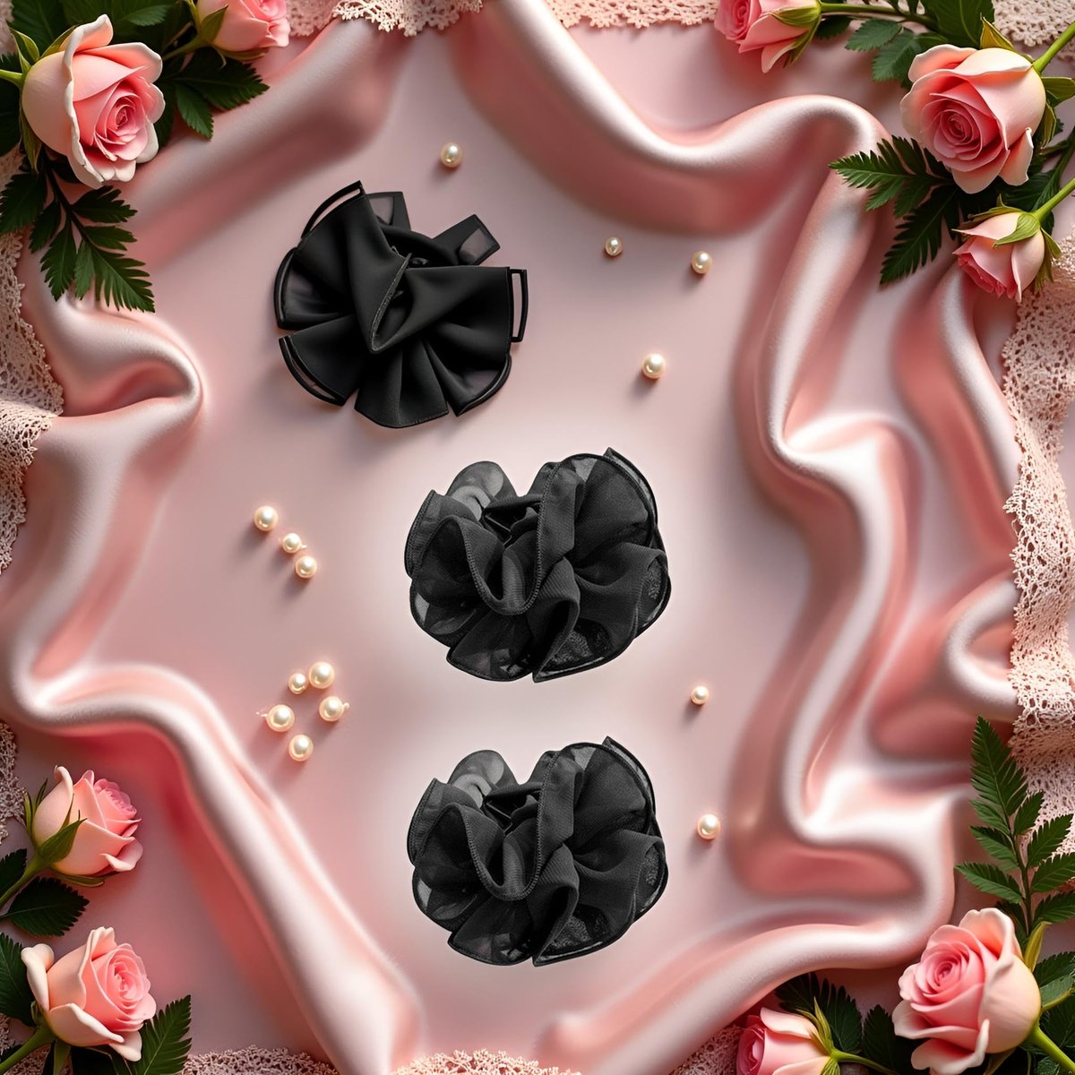 2-Pack Black Chiffon Large Hair Claw Clips with Bow & Rose Design for Women - görsel 9
