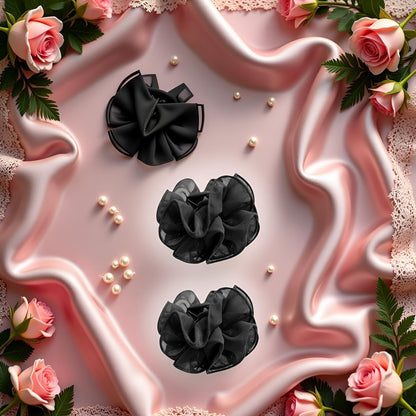 2-Pack Black Chiffon Large Hair Claw Clips with Bow & Rose Design for Women