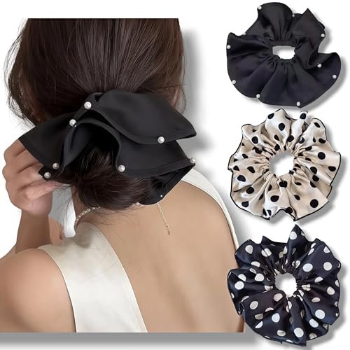 3 PCS 7.9 Inches Oversized Satin Scrunchies with Pearl and Polka Dot - Jumbo Large Hair Ties & Ponytail Holders for Women and Girls, Vintage Chic Extra Large Hair Accessories - görsel 3