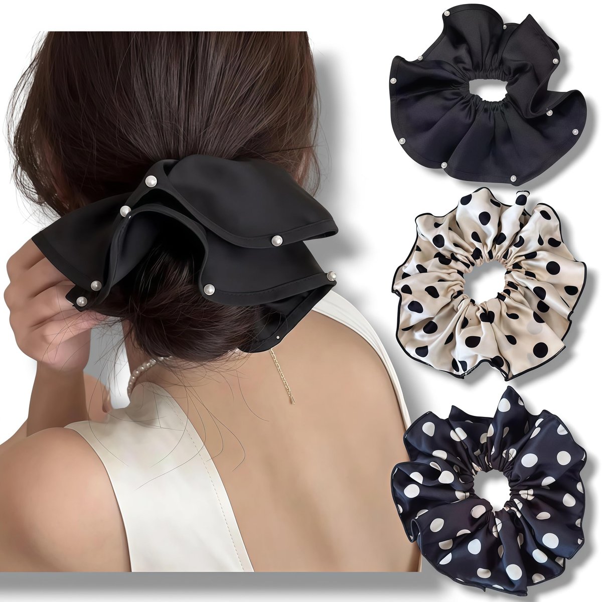 3 PCS 7.9 Inches Oversized Satin Scrunchies with Pearl and Polka Dot - Jumbo Large Hair Ties & Ponytail Holders for Women and Girls, Vintage Chic Extra Large Hair Accessories - görsel 4